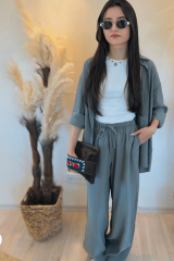 Haki Modal Uzun Kollu Gömlek İkili Takım